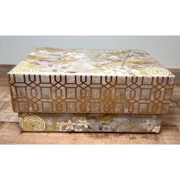 Decorative Floral Bird Storage Box With Geometric Gold Trim - Picture 1 of 8